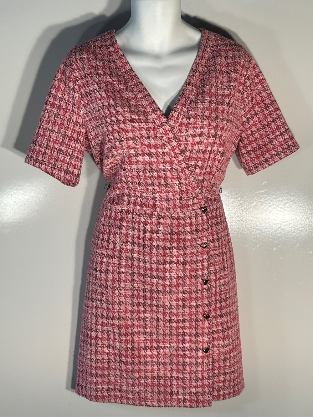 London Times SZ16 Pink Houndstooth Wrap Dress Knit Career Old Money Timeless